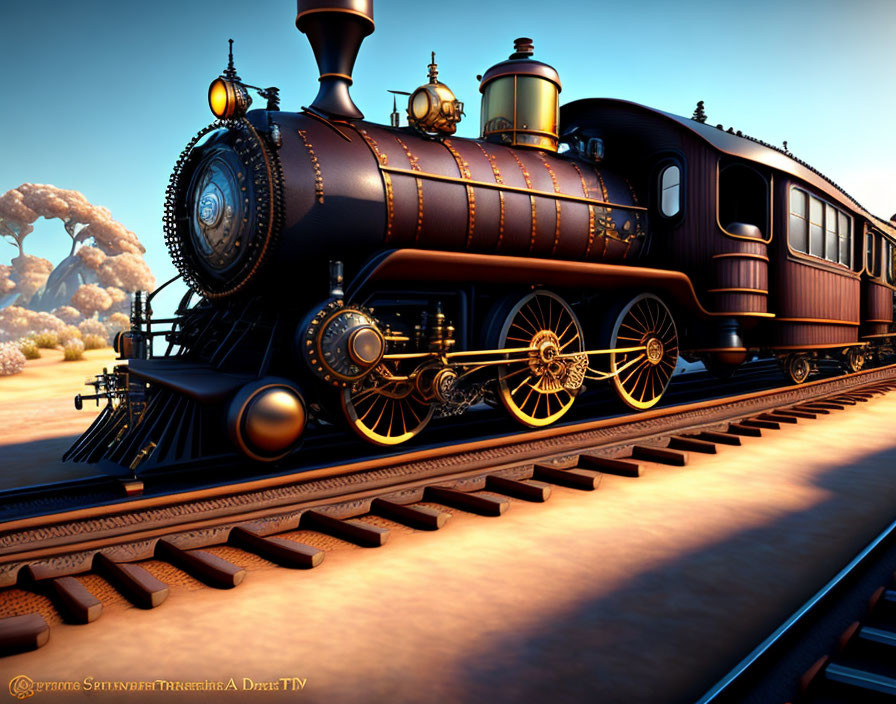 Vintage Steam Locomotive with Golden Gears in Desert Landscape