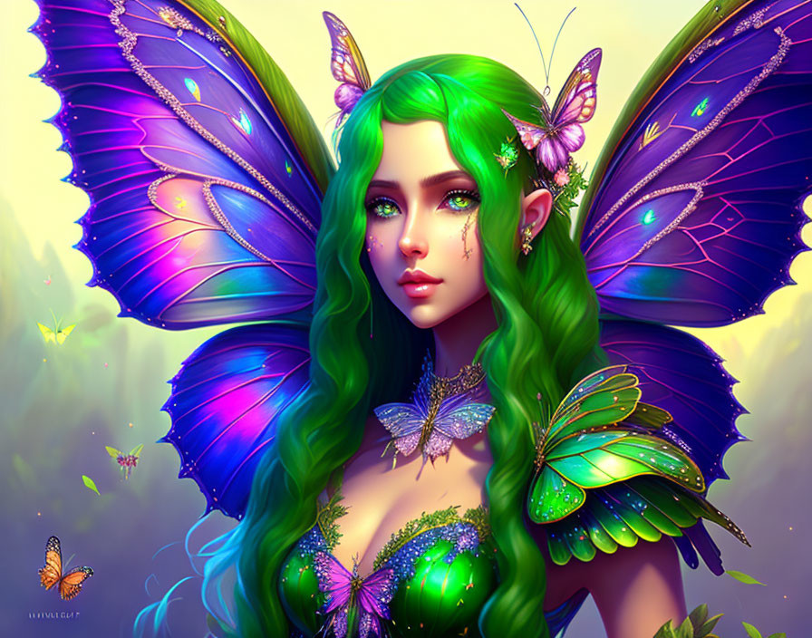 Colorful female fairy with green hair and butterfly wings in magical forest.