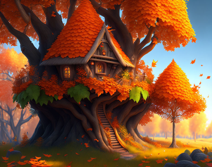 Whimsical treehouse in vibrant autumn scene