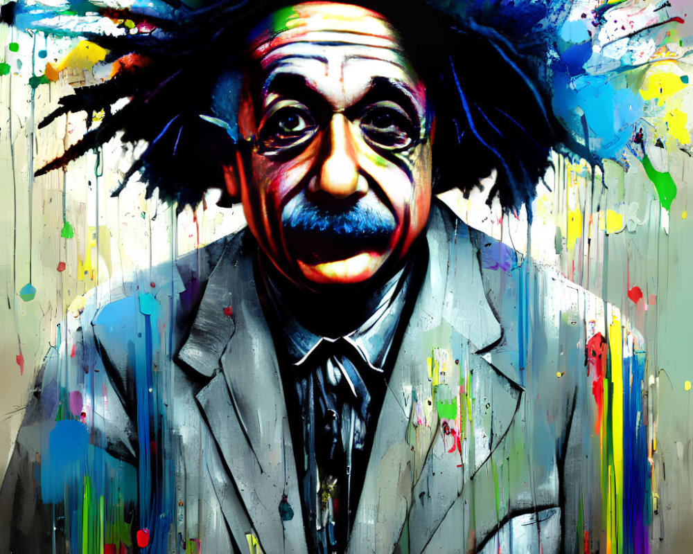 Colorful graffiti-style portrait of a man with wild hair and mustache in a suit.