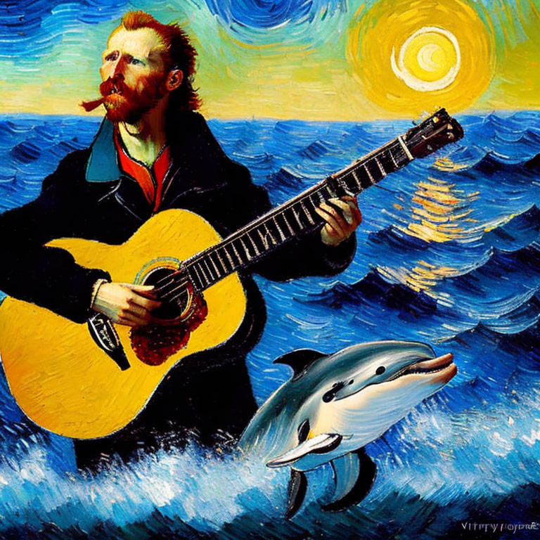 Stylized painting of bearded man playing guitar on boat with dolphin, vibrant starry sky and