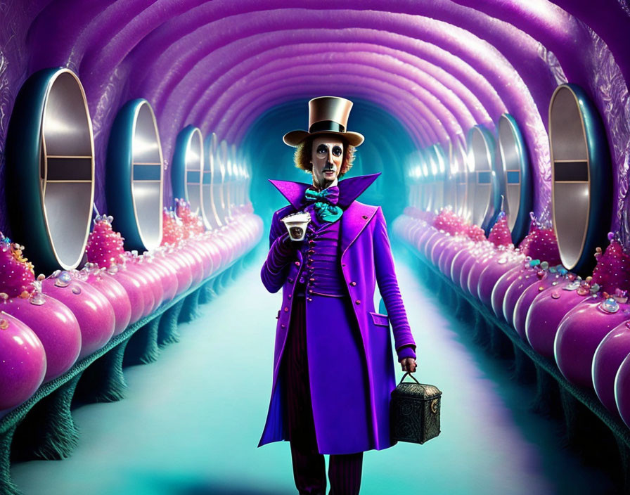 Whimsical figure in top hat and purple coat with martini glass and suitcase in colorful tunnel