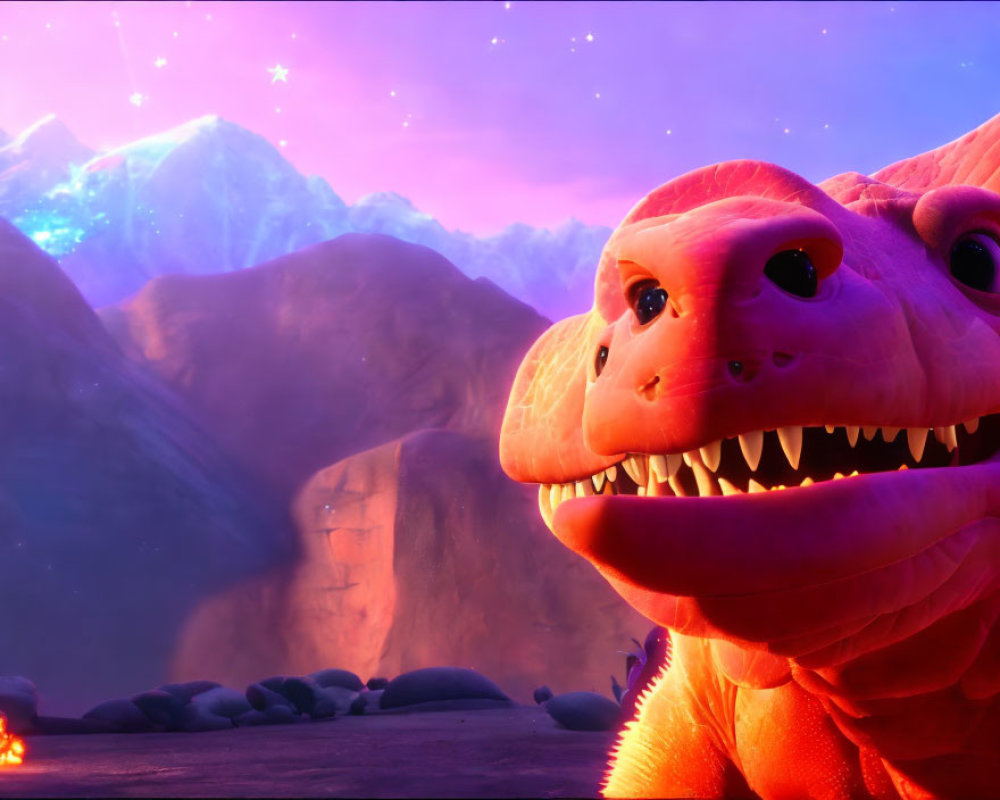 Orange Dinosaur Smiling in Mystical Purple Sky