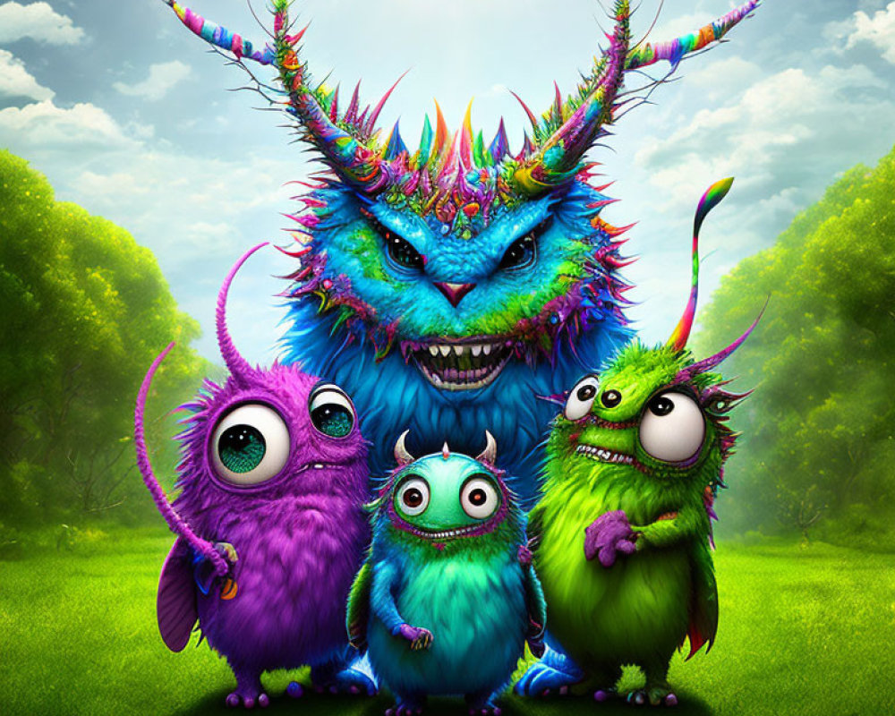 Colorful Monsters in Fantastical Meadow Scene