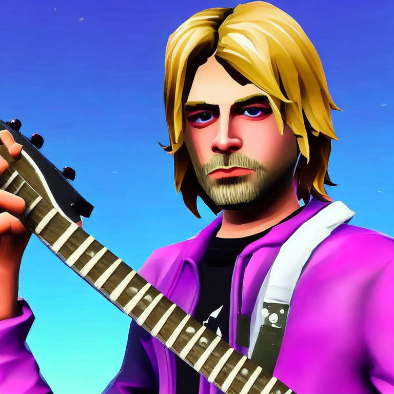 Blond-Haired Animated Character with Guitar in Purple Jacket