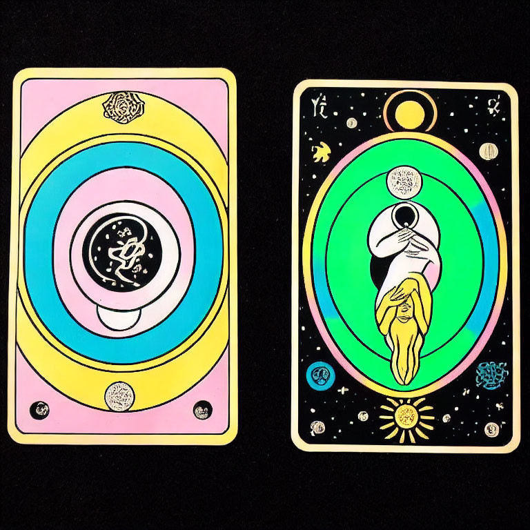 Colorful Tarot Cards with Abstract Cosmic Designs on Black Background