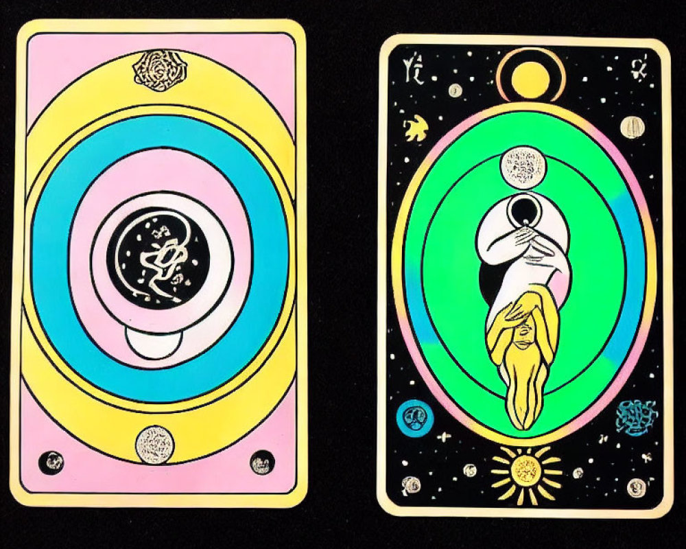 Colorful Tarot Cards with Abstract Cosmic Designs on Black Background