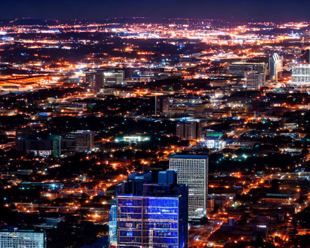 Nighttime cityscape with illuminated skyscraper and patchwork of lights.