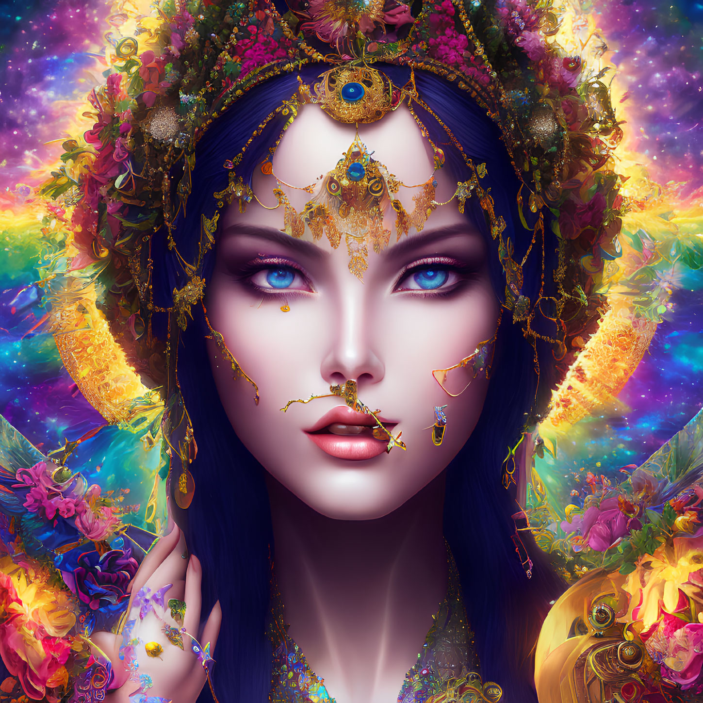 Colorful illustration of a woman with blue eyes, gold headdress, and floral background.