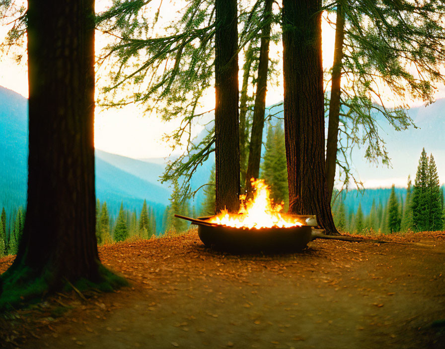 Forest Campsite with Blazing Fire Pit and Sunset Light