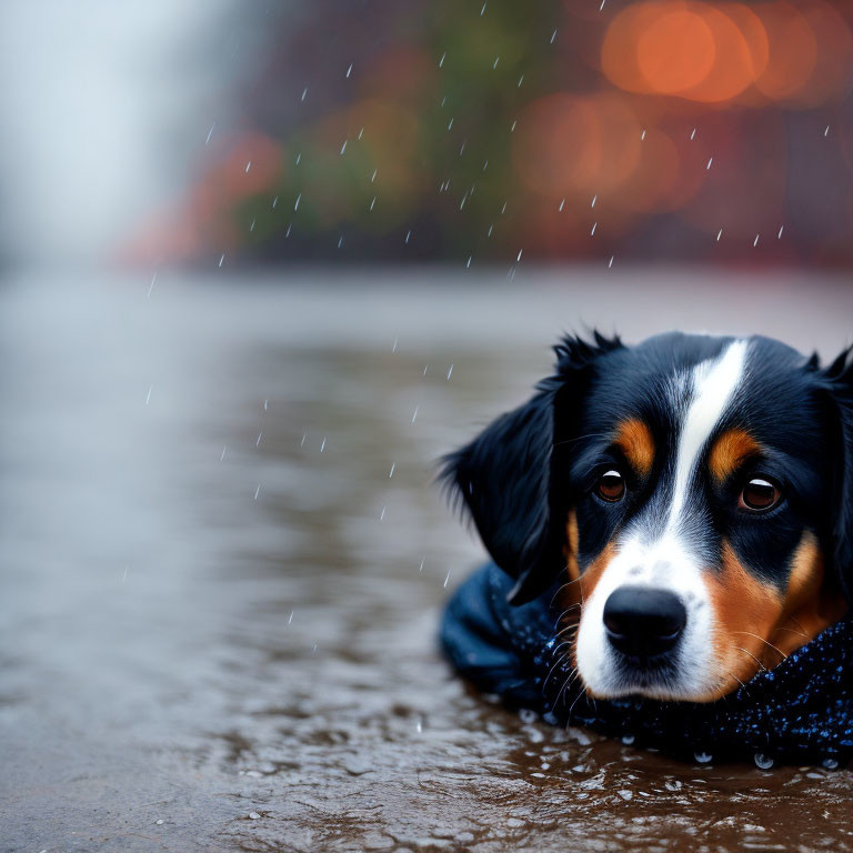 Black and Brown Dog with Sad Eyes Wearing Scarf in Rain