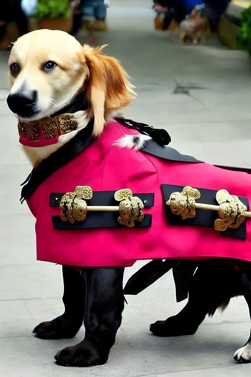 Black and Tan Dog in Pink Jacket with Bone Embellishments Outdoors