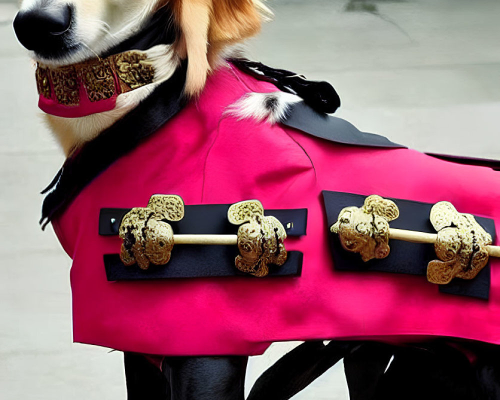 Black and Tan Dog in Pink Jacket with Bone Embellishments Outdoors