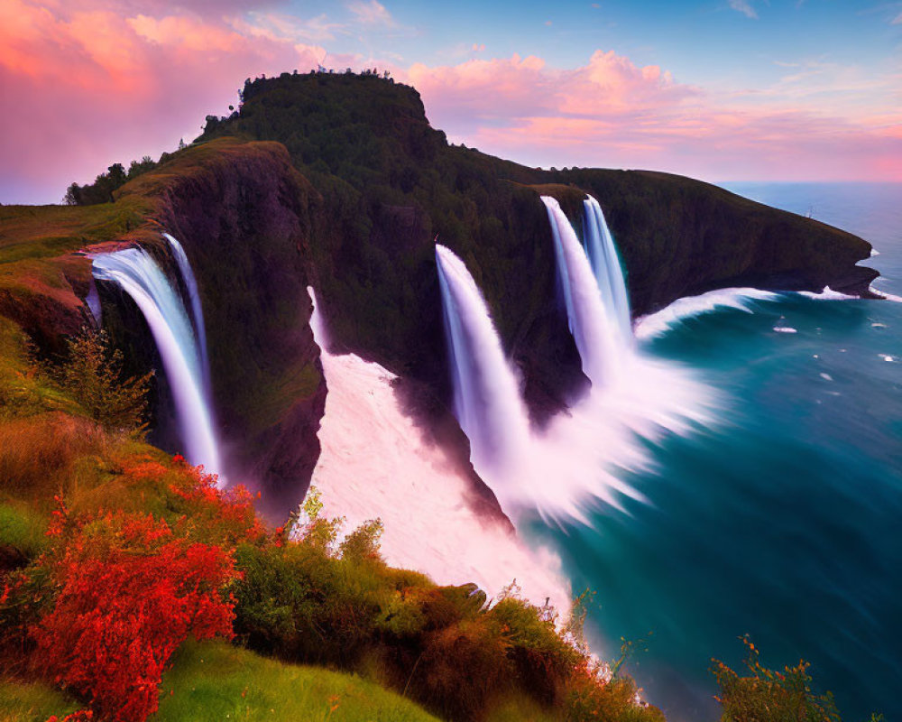 Majestic waterfalls on lush green hill under sunset sky