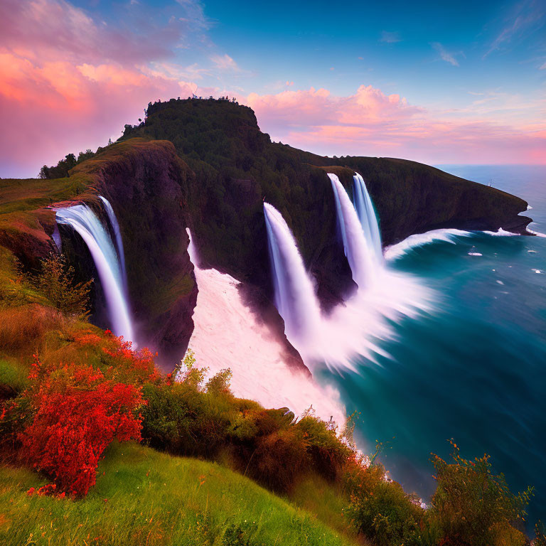 Majestic waterfalls on lush green hill under sunset sky