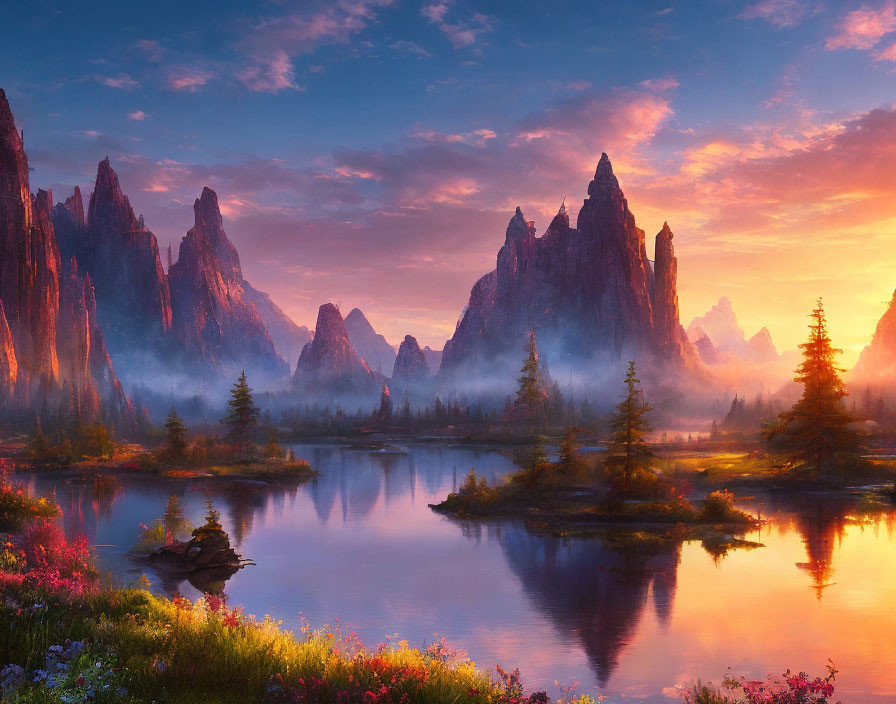 Majestic mountains and misty lake at sunrise with pink skies