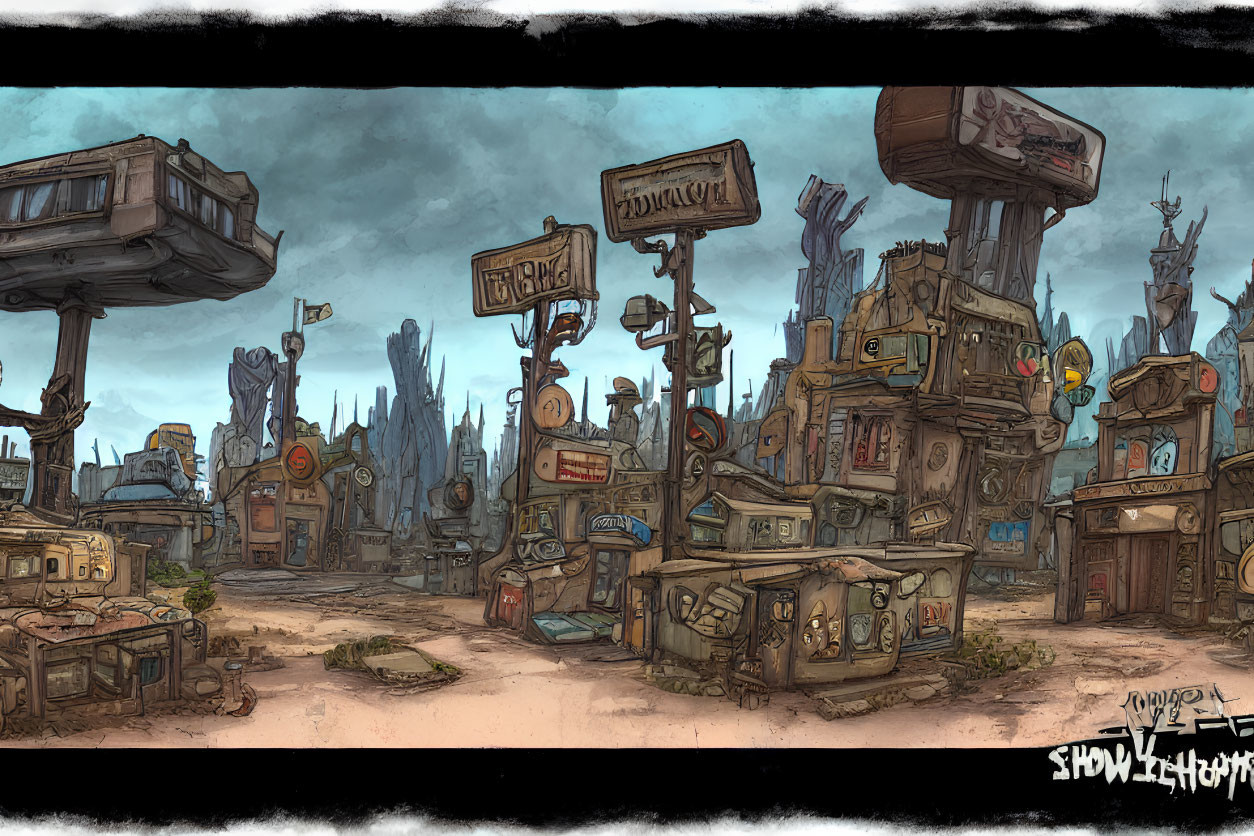 Desolate post-apocalyptic town with dilapidated buildings and worn-out signs.