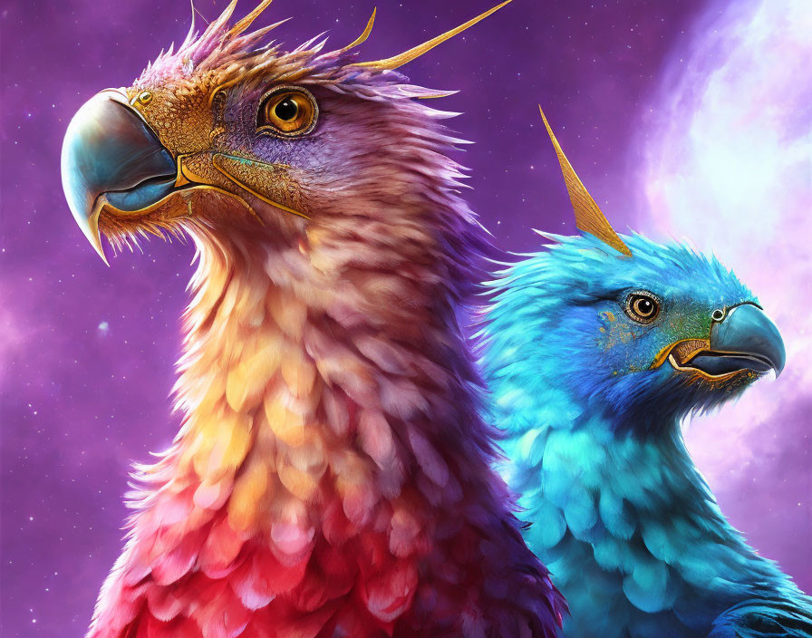 Colorful Eagle-Like Birds on Purple Starry Background