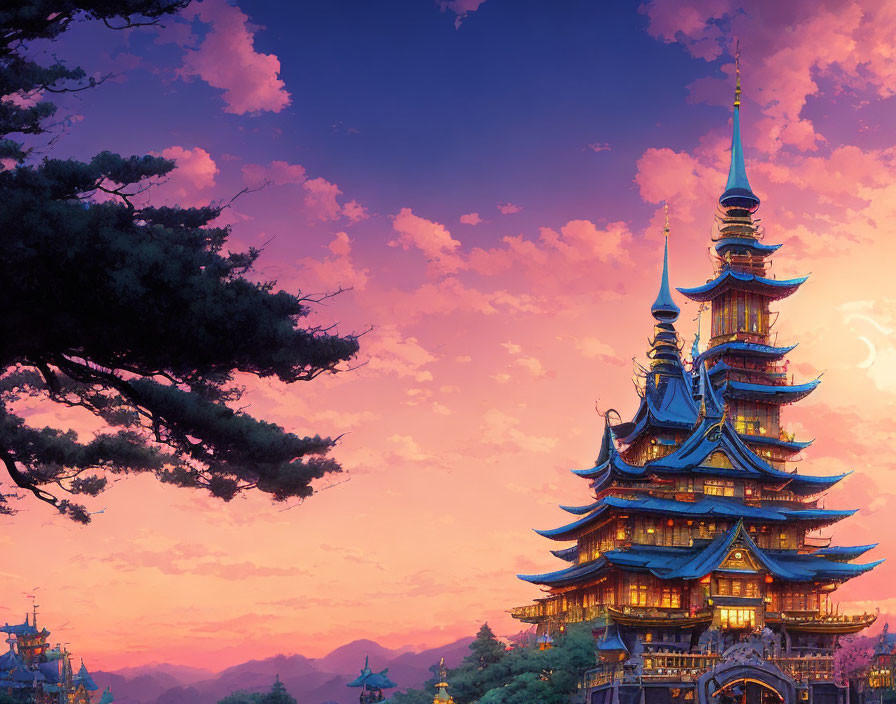 Intricate multi-tiered pagoda under vibrant purple sky