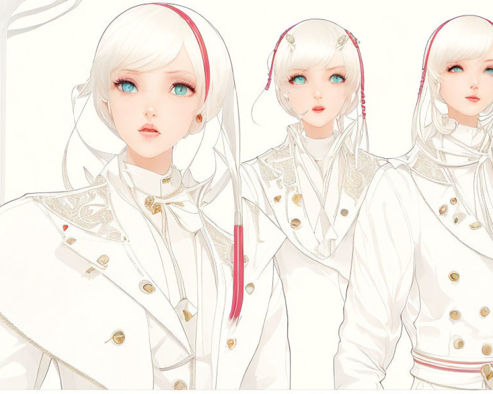 Three white-haired, blue-eyed character illustrations in ornate white attire with gold details.