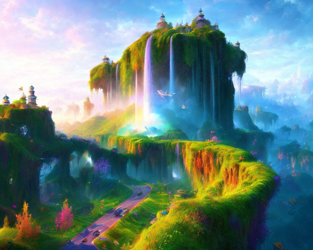 Fantasy landscape with waterfall, temples, road, and birds