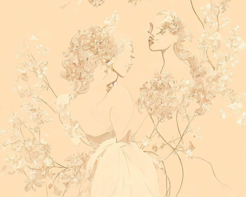 Monochromatic illustration of two women with floral hair adornments