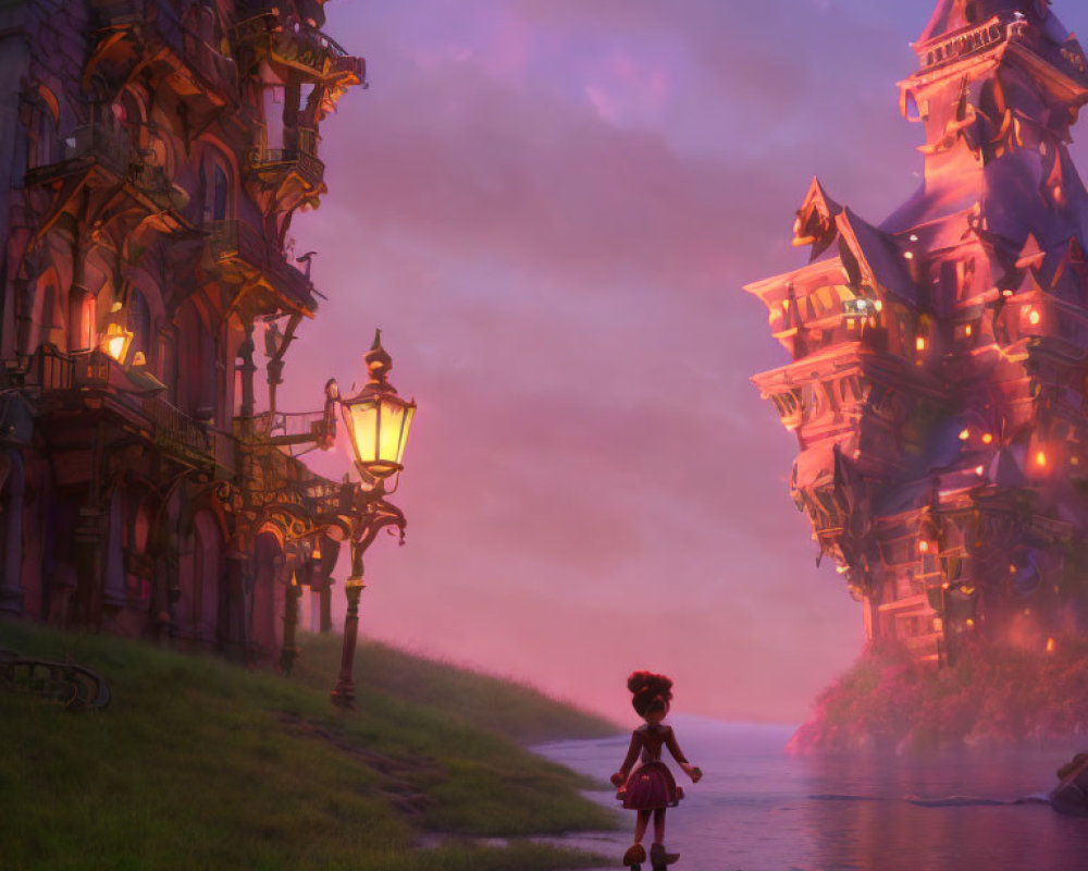 Young girl in red dress by river at dusk with whimsical towering houses in purple light