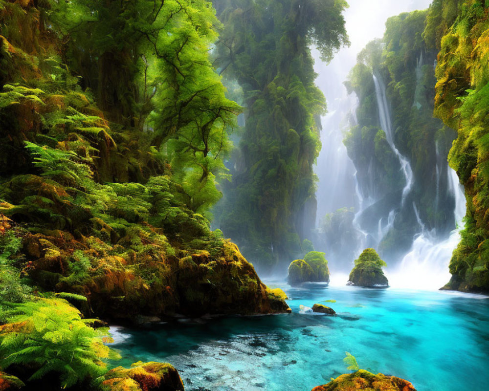 Serene waterfall in lush greenery with mist and blue pool