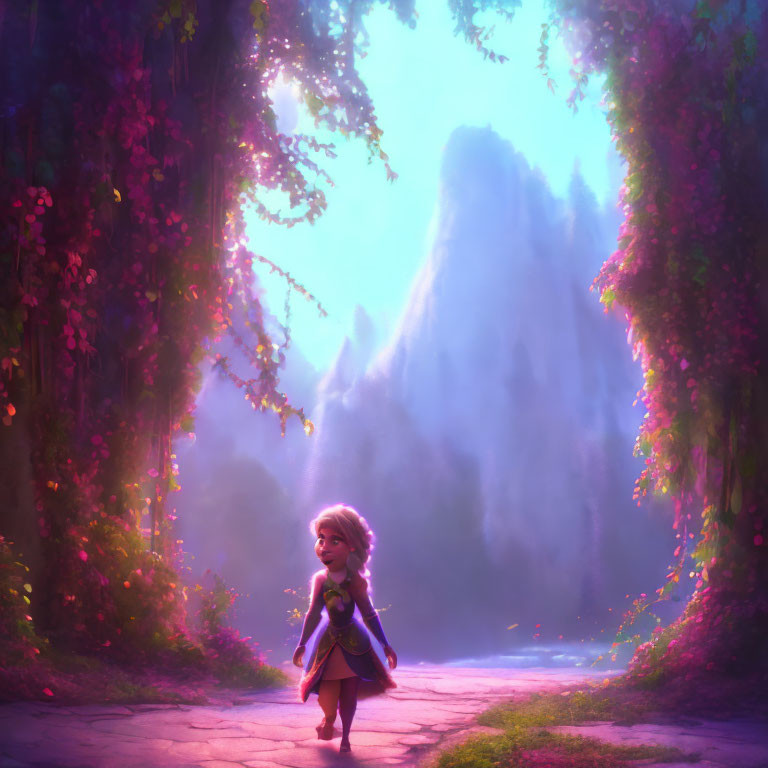 Whimsical animated girl in purple cape explores magical forest path