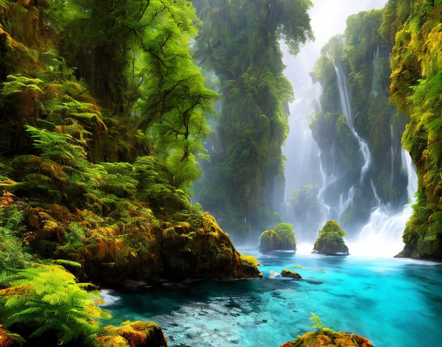 Serene waterfall in lush greenery with mist and blue pool