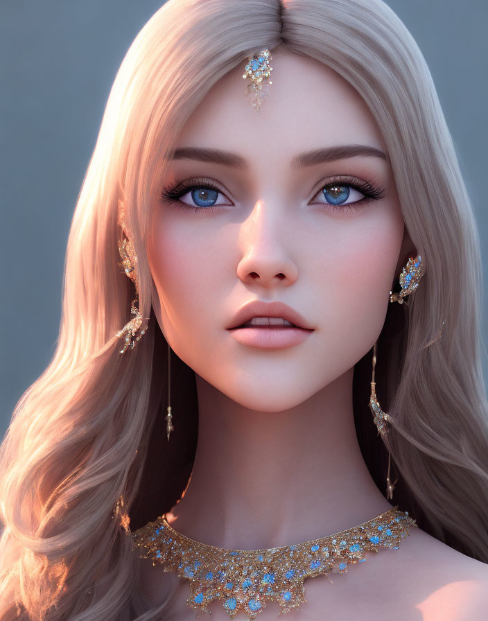 Blonde woman with blue eyes in gold jewelry with blue gemstones