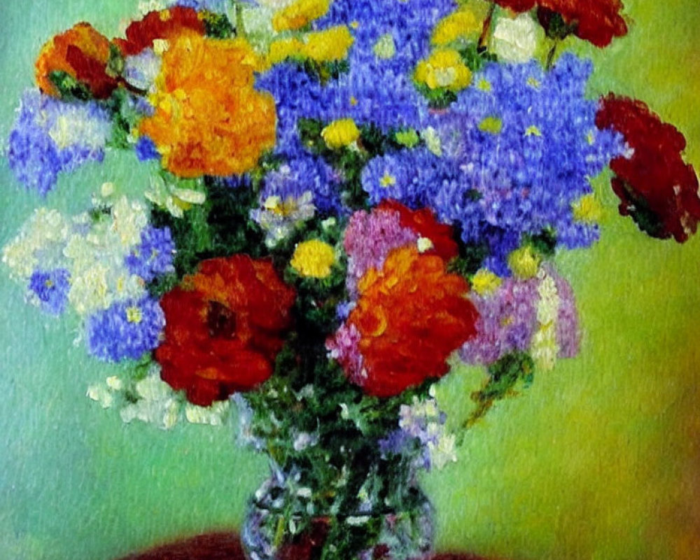 Colorful Impressionist-style bouquet painting with vibrant flowers in a clear vase