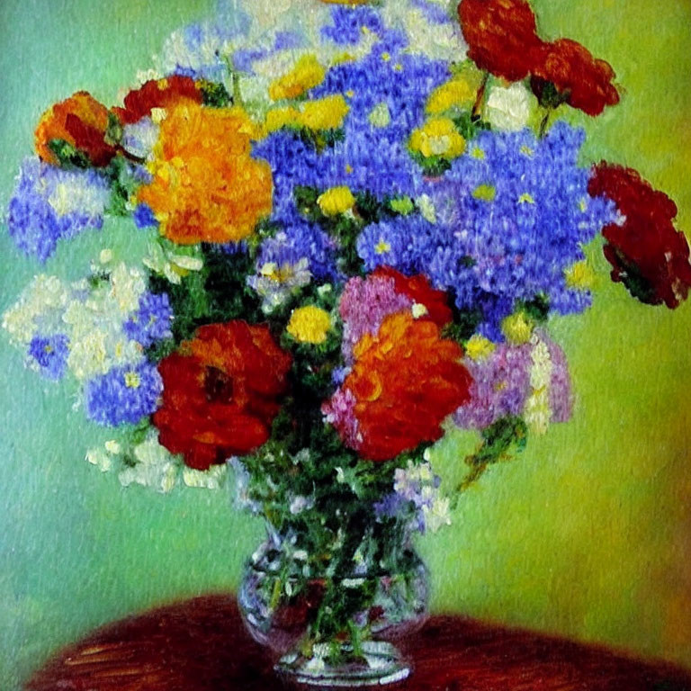 Colorful Impressionist-style bouquet painting with vibrant flowers in a clear vase