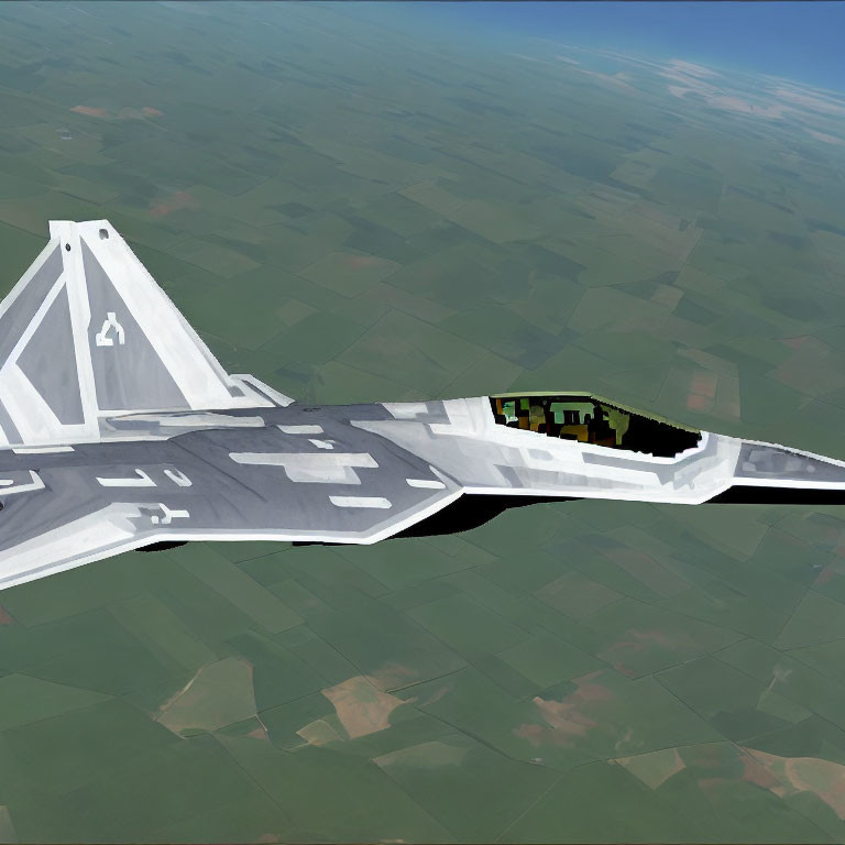 Stealth fighter jet flying over green farmlands with visible cockpit.