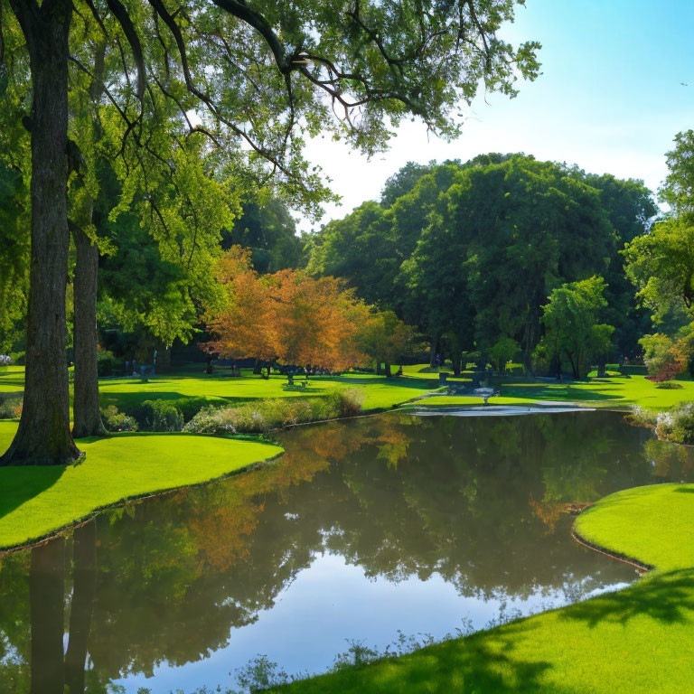 Tranquil Park with Greenery, Reflective Pond, and Clear Sky