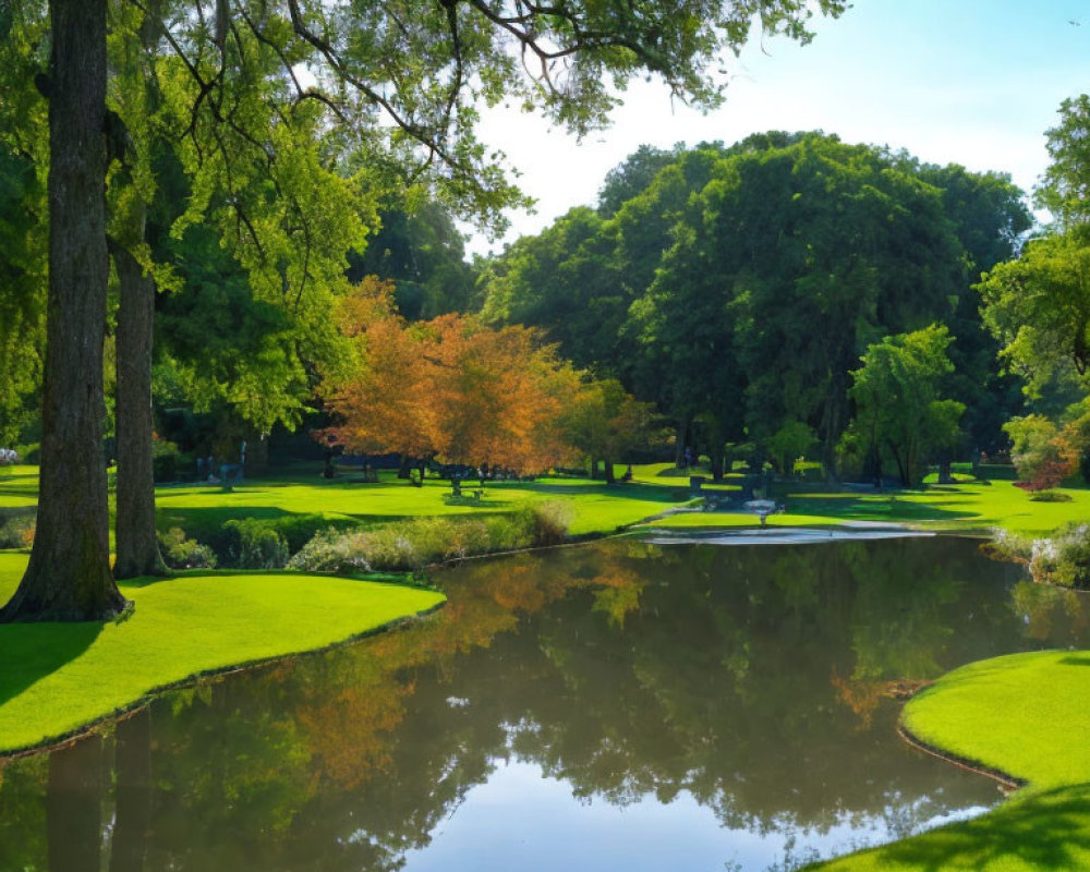 Tranquil Park with Greenery, Reflective Pond, and Clear Sky