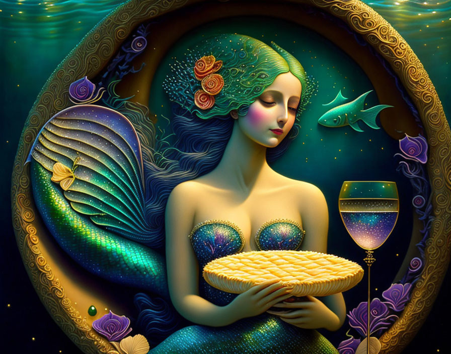 Stylized painting of serene woman with fan-like tail holding pie in circular frame with fish, flowers