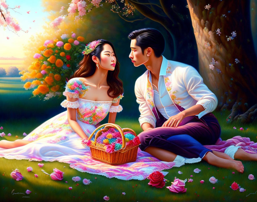 Romantic painting of man and woman in lush garden exchanging loving gaze