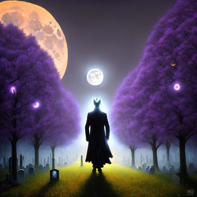 Mysterious wolf-headed figure in moonlit graveyard with fireflies