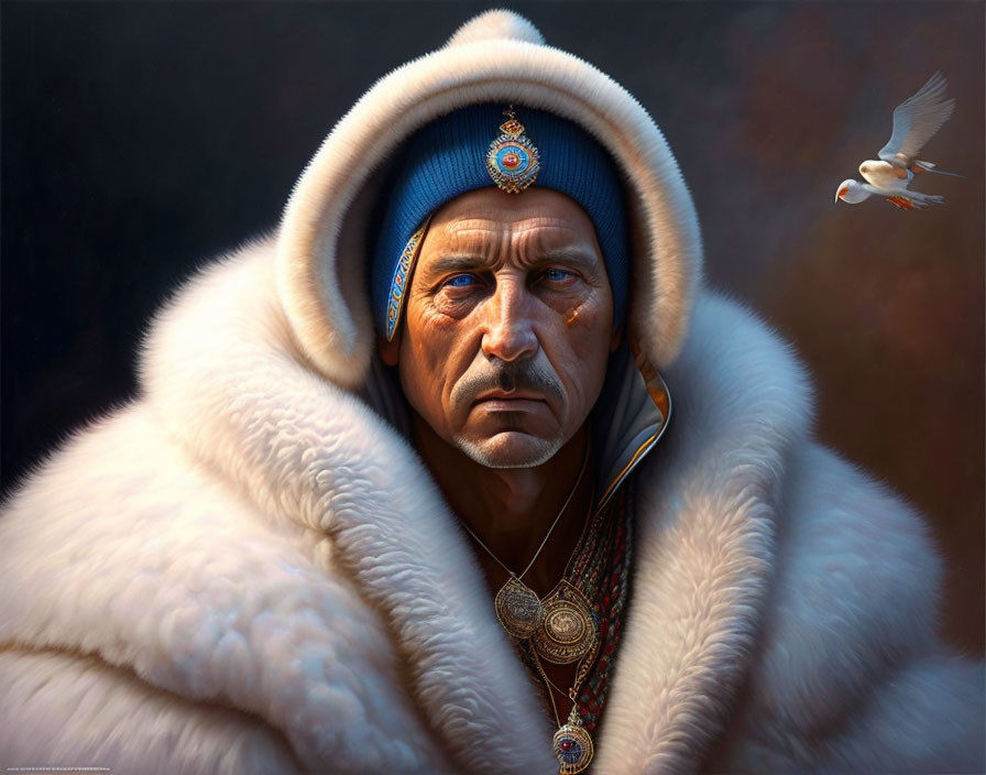 Man in fur coat and blue hat with gemstone, accompanied by flying bird on dark background