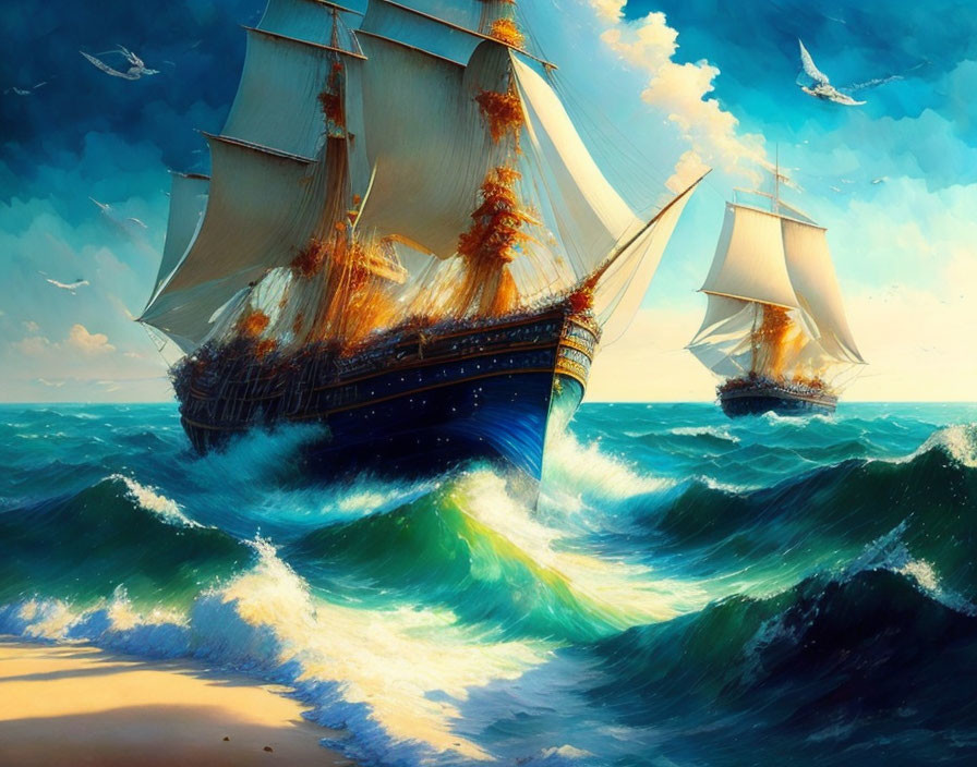 Majestic painting: two sailing ships on turbulent sea waves under dramatic sky