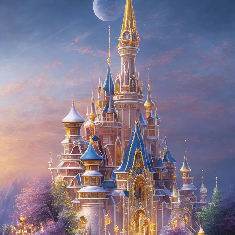 Fantastical castle with soaring spires and blue rooftops at twilight