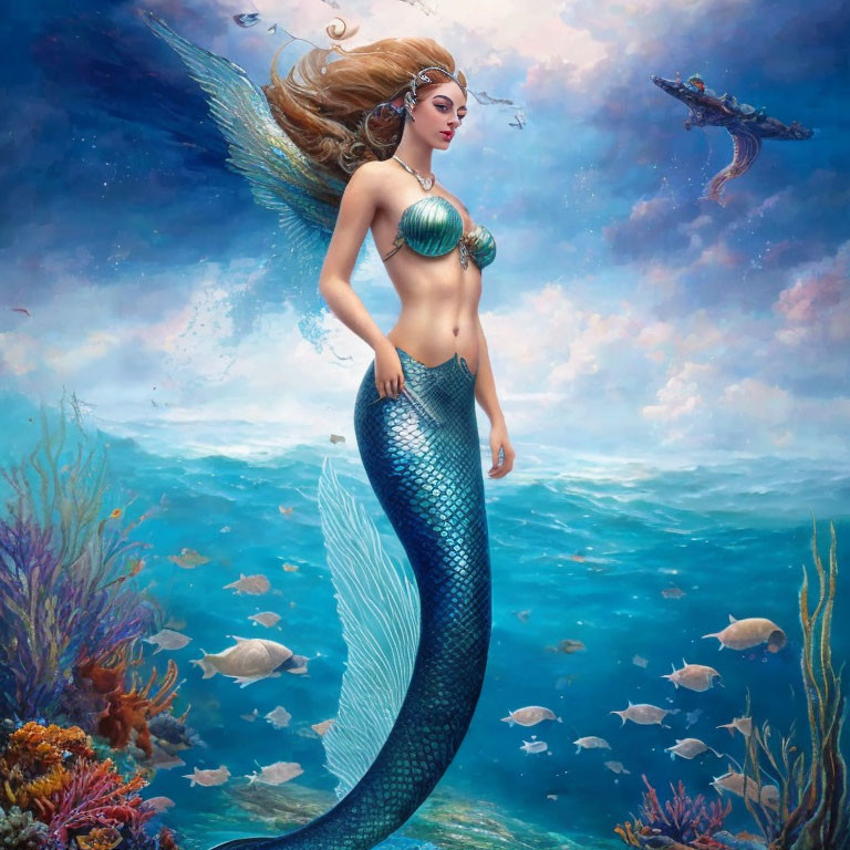 Mermaid with flowing hair and shimmering tail in underwater scene with coral and fish.