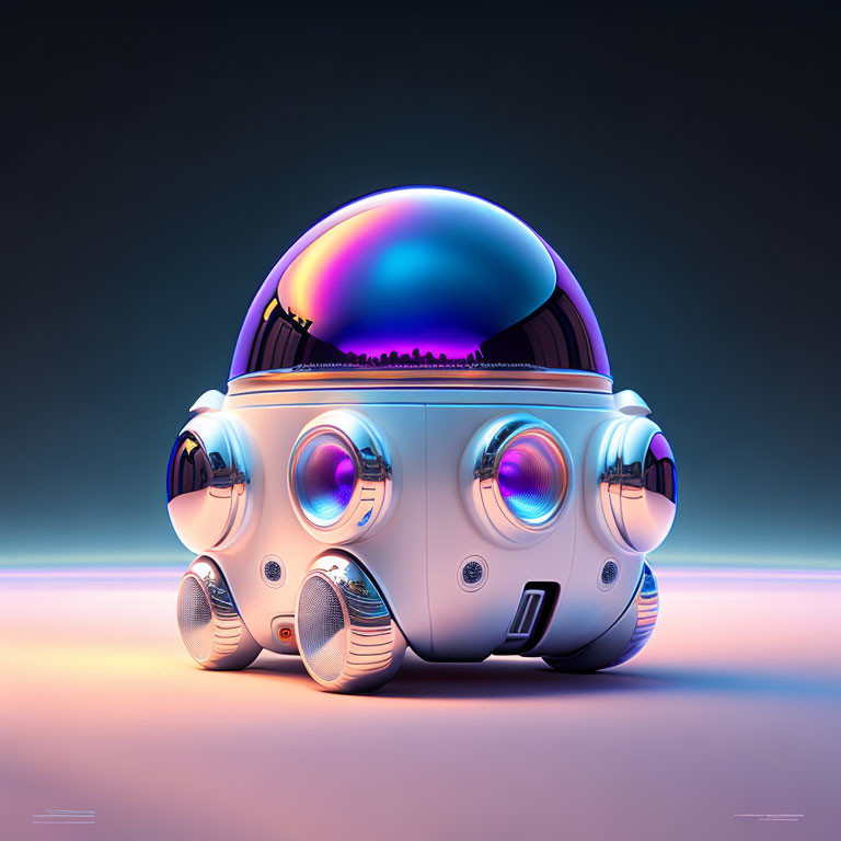 Spherical glossy robot with circular lenses on pastel gradient background