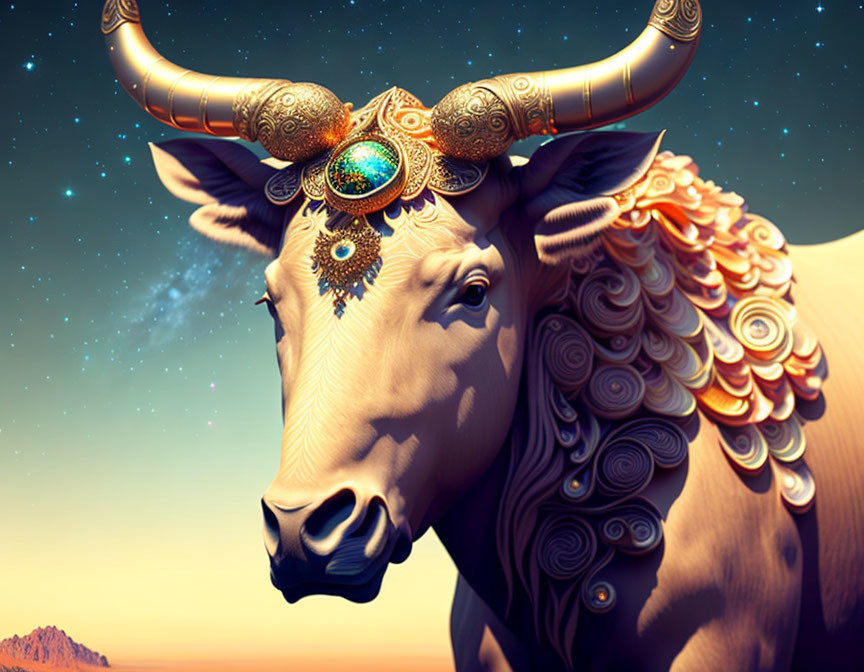 Ornate digital illustration of a bull with golden embellishments and jewelry under starry sky