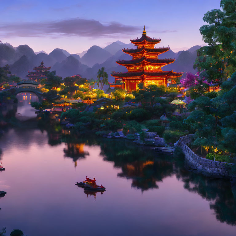 Traditional Pagoda and Buildings at Twilight by Calm Lake