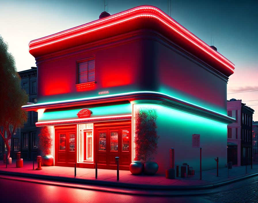 Vintage neon-lit diner with red and teal hues on street corner at dusk