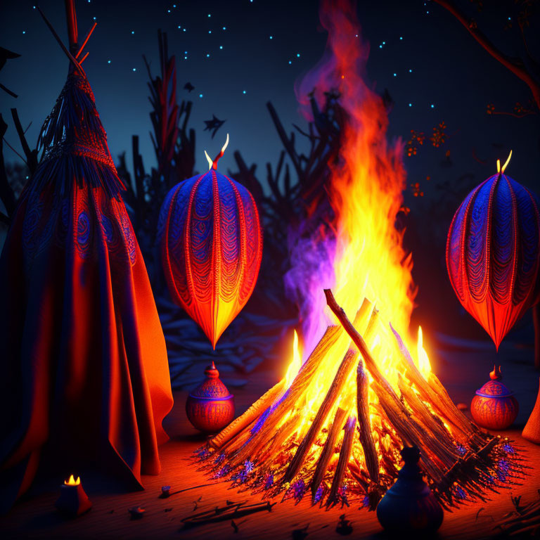 Night scene with campfire, teepee, lanterns, pottery under starry sky