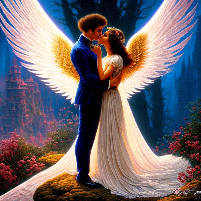 Angels with white wings kissing in forest castle setting