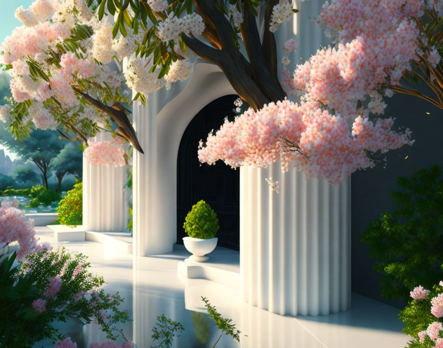 Elegant white archway surrounded by pink flowering trees and greenery